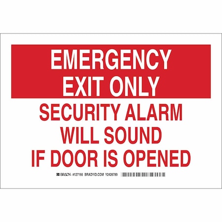 Brady Emergency Exit Sign, Plastic, 14" W, 10" H, Security Alarm Will Sound If Door Is Opened, White 127168